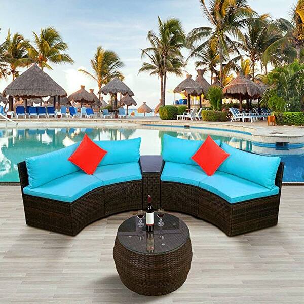 [Pre sale] 4PCS HalfMoon Wicker Sofa Set with 2 Pillow&Coffee Table